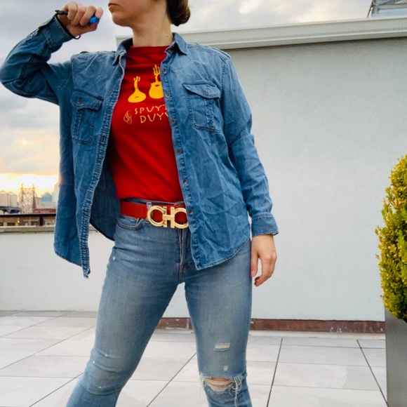 AEO Embroidered Floral Oversized Shirt Jean Top - Picture 11 of 16